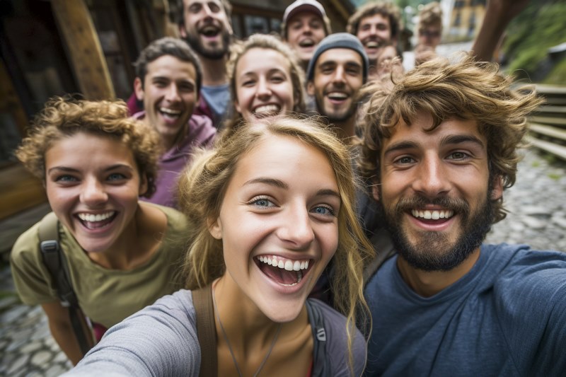 Grupo de amigos sonrientes disfrutando de su estancia en nuestra casa rural para 20 personas en Riudarenes, Girona.