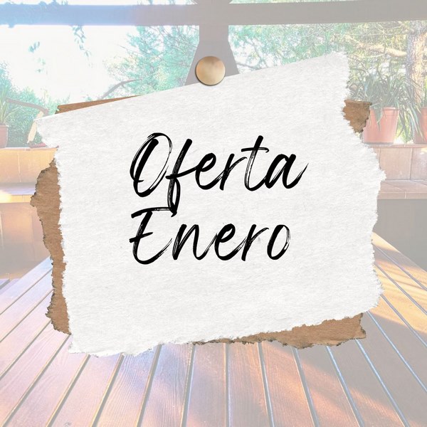 Cartel promocional de la Oferta Enero en nuestra casa rural en Riudarenes (Girona), reserva tu estancia con descuento.