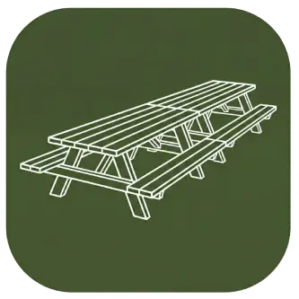 Icono representativo de la gran mesa para 20 personas en el exterior de la zona de barbacoa de la casa rural Can Micos, Girona.