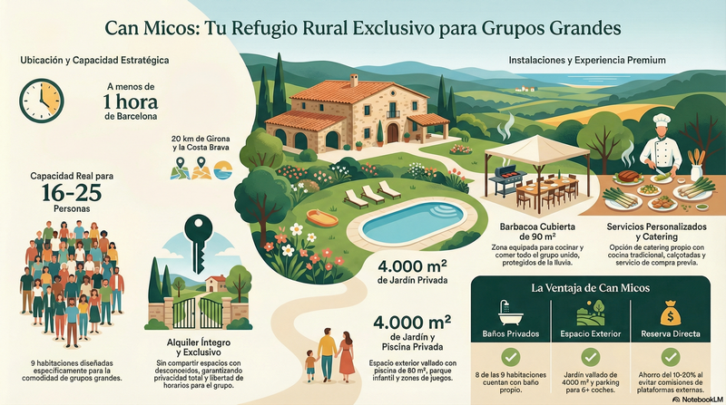 Infografía de Can Micós: casa rural para grupos de 16 a 25 personas en Girona con piscina, jardín y barbacoa