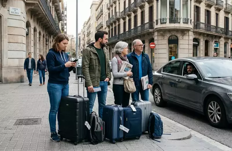 Un groupe de vacanciers avec leurs bagages attend le transport en commun pour se rendre à Can Micos, une maison rurale pouvant accueillir de grands groupes à Gérone.