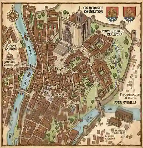 Carte illustrée du quartier médiéval de Gérone, une excursion historique incontournable lors de votre séjour dans la maison de vacances Can Micos.