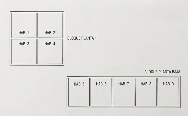 Plano detallado de la distribución de las 9 habitaciones de la casa rural Can Micos en Girona, ideal para organizar la estancia de grupos grandes.